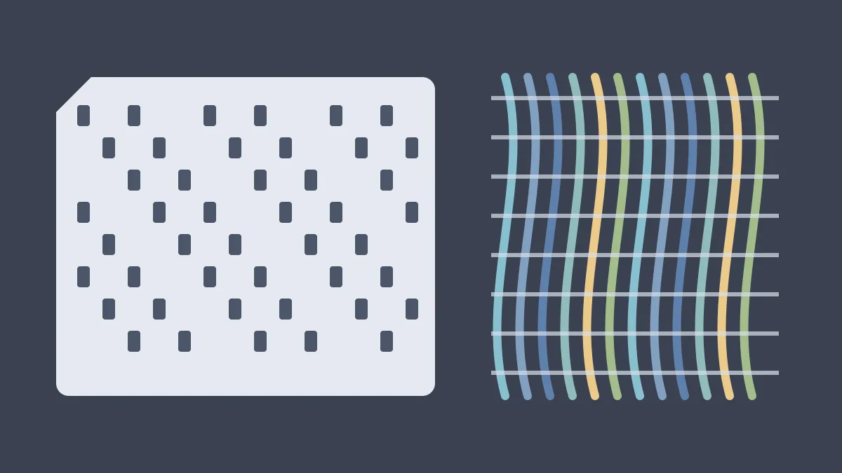 A punched card: rows of holes in a pale card, with a thread pattern beside it.